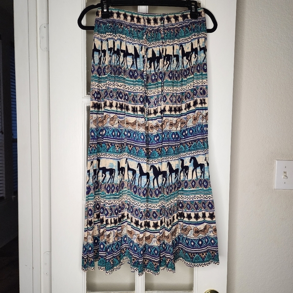 Vintage Phool Western Horse Bird Print Boho Crinkle Lightweight Midi Skirt Small - Picture 1 of 9